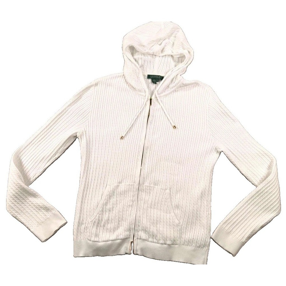 Lauren Ralph Lauren Cable-Knit Full-Zip Hooded Cotton Hoodie White L Pockets